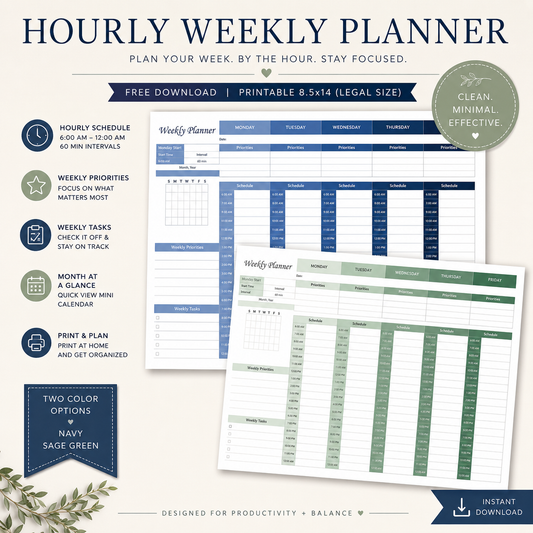 Hourly Planner | Weekly Planner | By-The-Hour | FREE Download, PRINTABLE 8.5x14 (Legal size)